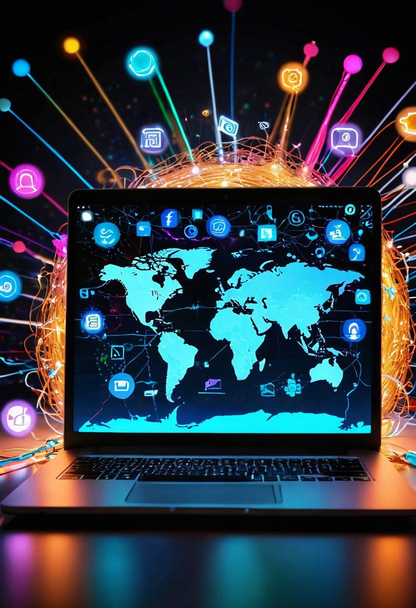 An open laptop with a glowing light emanating from the screen, surrounded by floating symbols of blogging tools like pens, notepads, and social media icons. In the background, a network of interconnected nodes representing the 8xy Network, with vibrant colors symbolizing creativity and success. The scene evokes a sense of discovery and inspiration, inviting viewers to explore the world of blogging. super-realistic. vibrant colors. 3D.